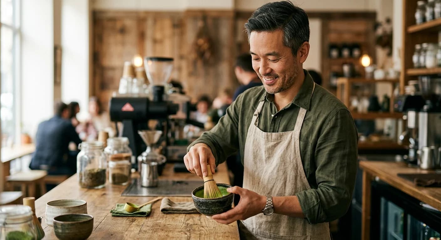 John Matcha whisking ceremonial matcha in a ceramic bowl